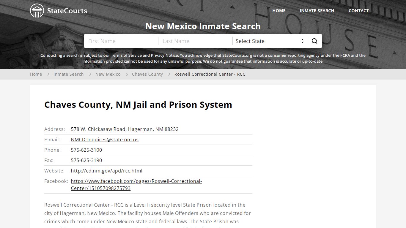 Roswell Correctional Center - RCC Inmate Records Search ...